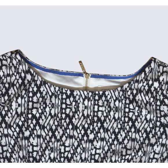 Eliza J Shift Dress Sz 14 Eclectic Print with Striped Trim Gold Zip Short Sleeve - Picture 12 of 16